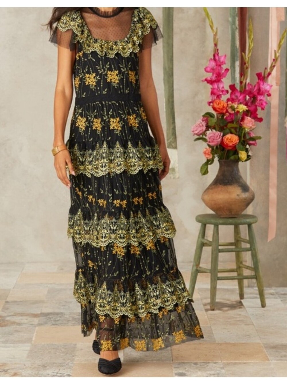 Sundance Hillary Black and Yellow Floral Lace Tiered Maxi Dress